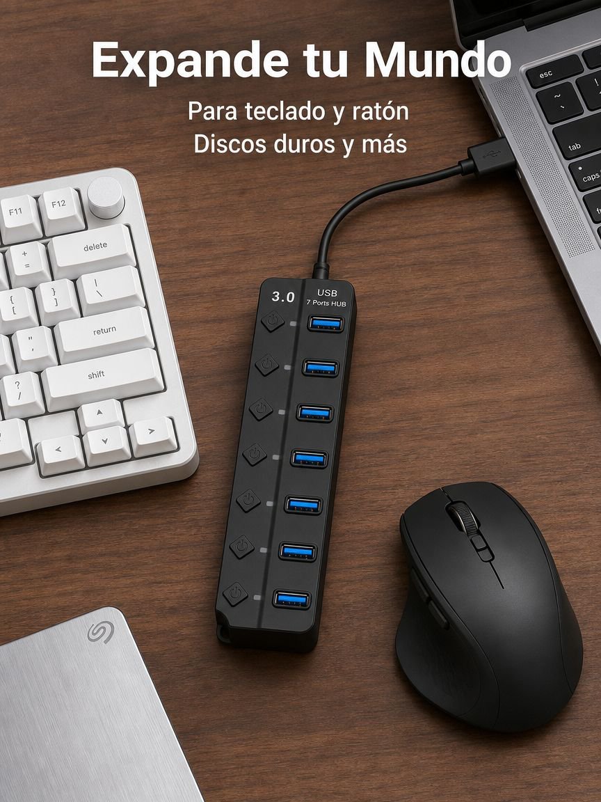 Divisor USB de cuatro puertos con interruptor y extensor para computadora