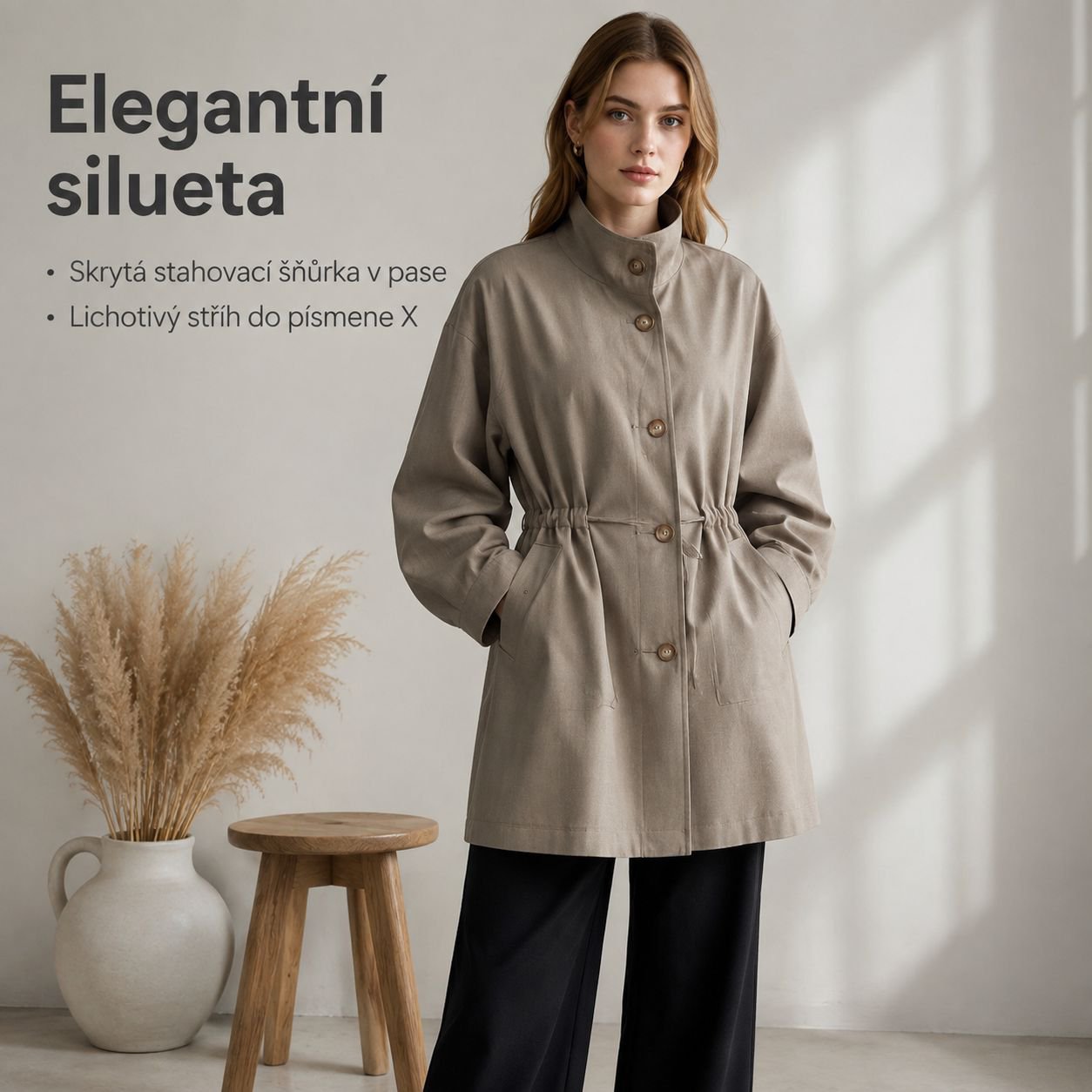 Elegantní dámský trenčkot se stojáčkem a páskem na zvýraznění pasu