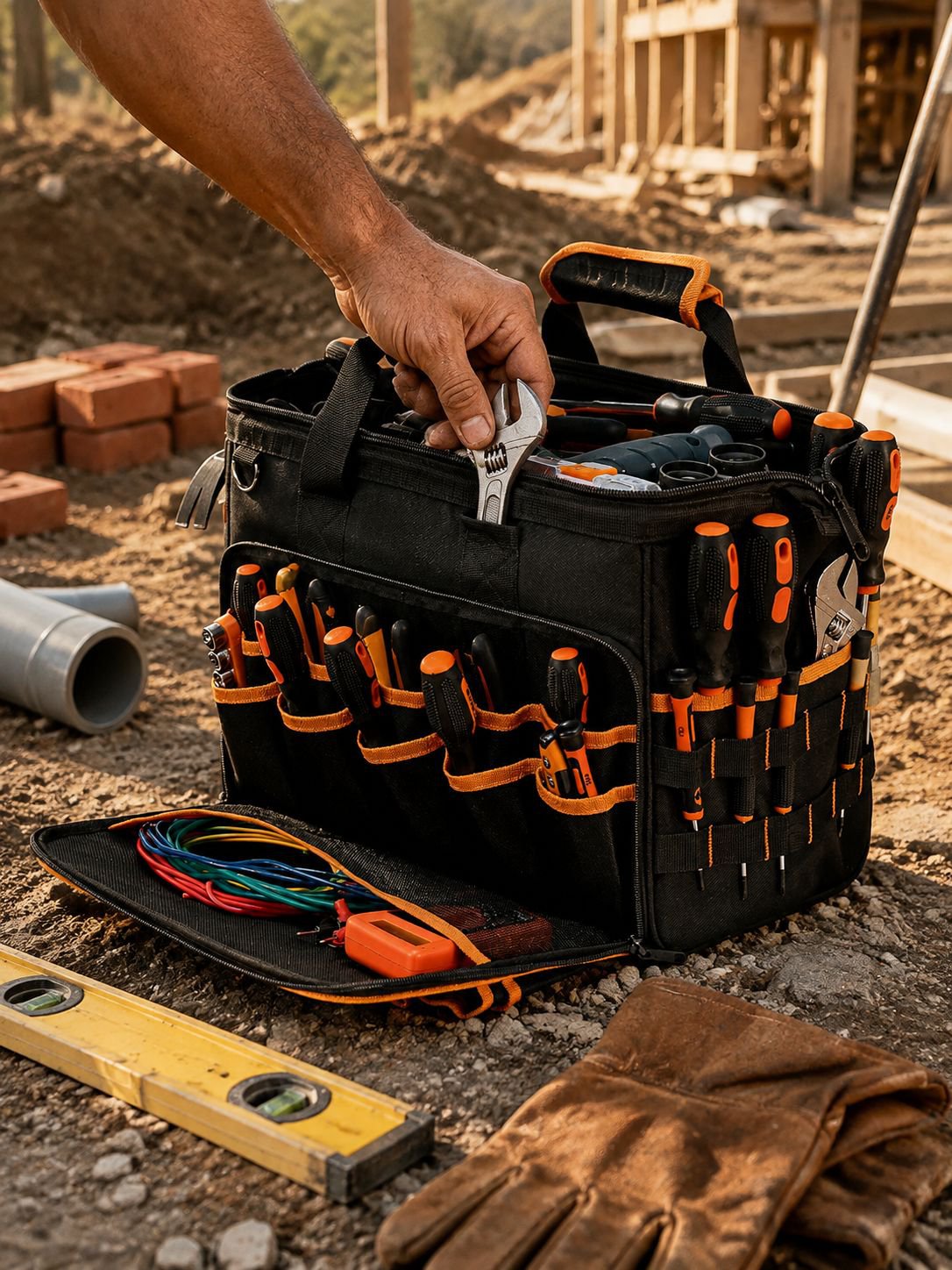 17-inch Heavy Duty Electrician Bag for Men, Foldable Wide-Mouth Storage Bag with Adjustable Shoulder