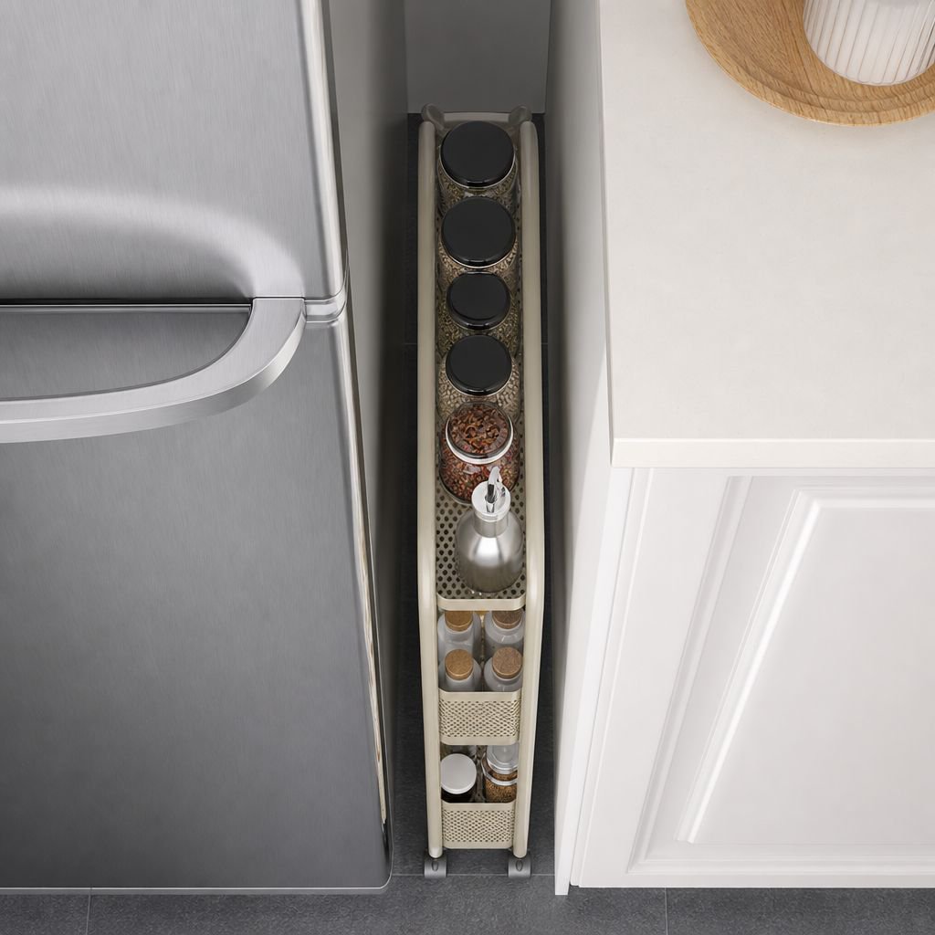 Space-saving fridge side organizer for small kitchens