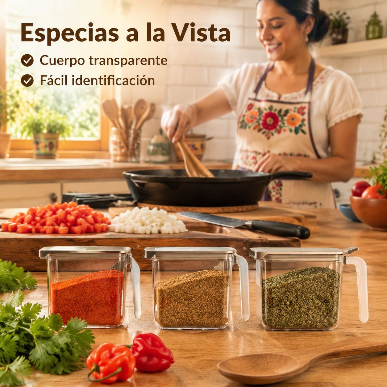Recipiente japonés para especias con diseño transparente y asa