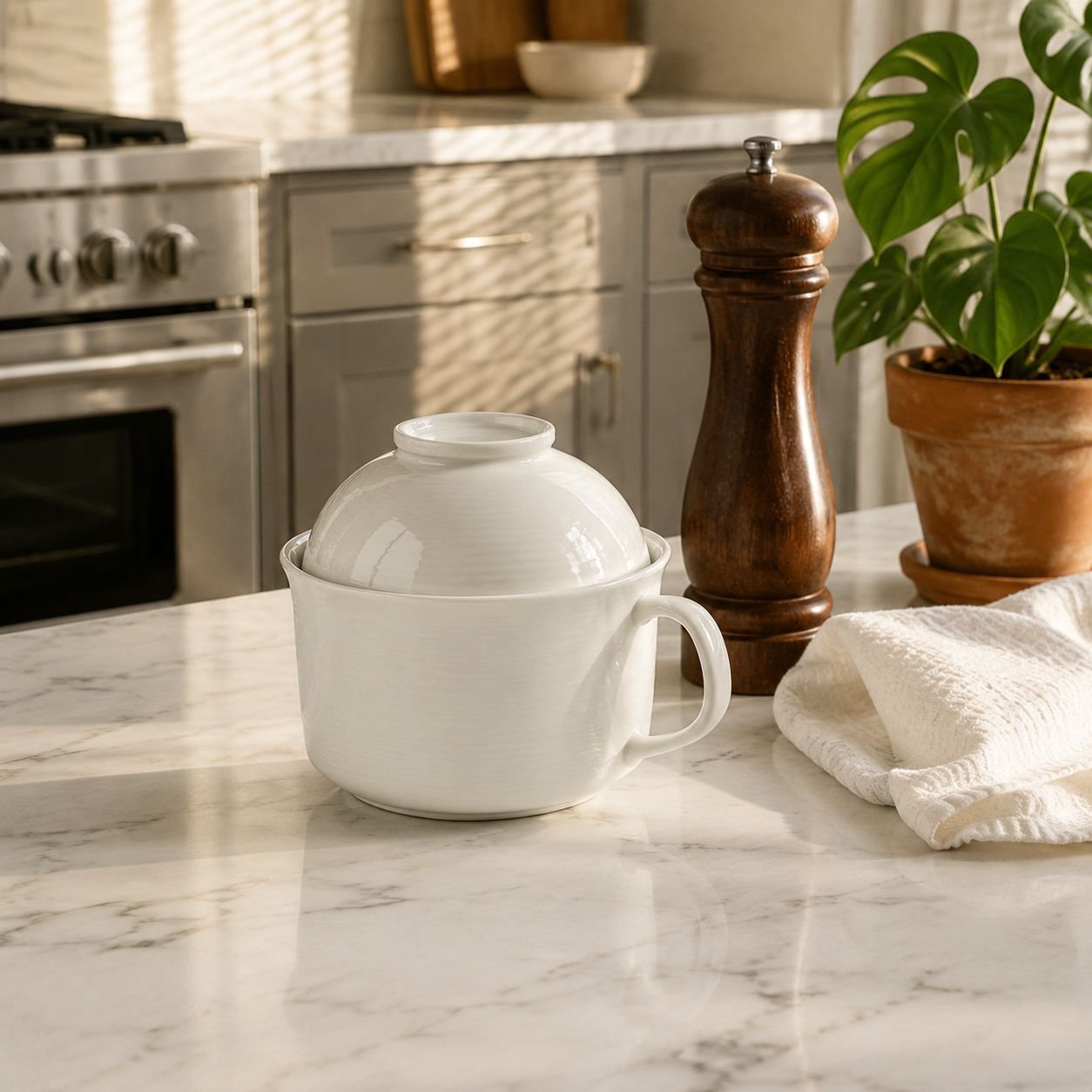 Close-up of high-temperature resistant ceramic steamer cup