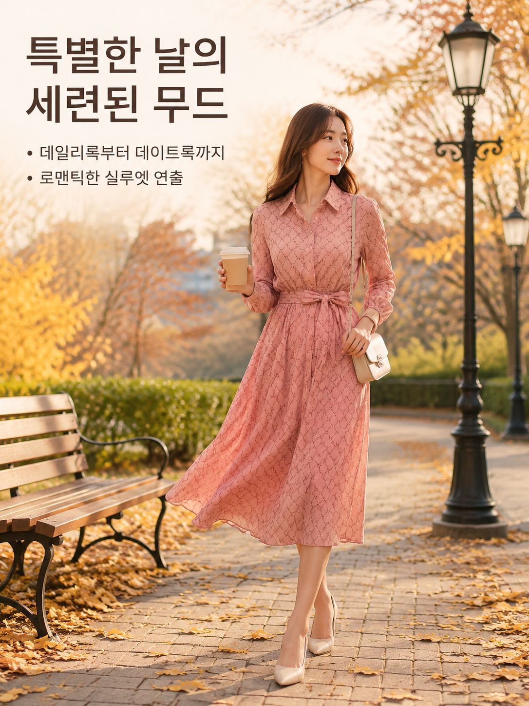 여성 긴팔 원피스 스타일 초선풍 스커트 핑크 셔츠 원피스 원피스