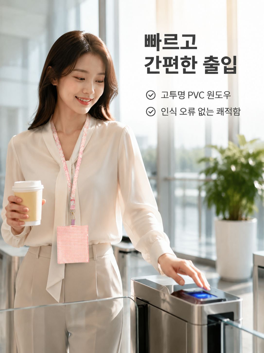 사원증과 명함을 넣은 목걸이형 카드케이스 착용 샷