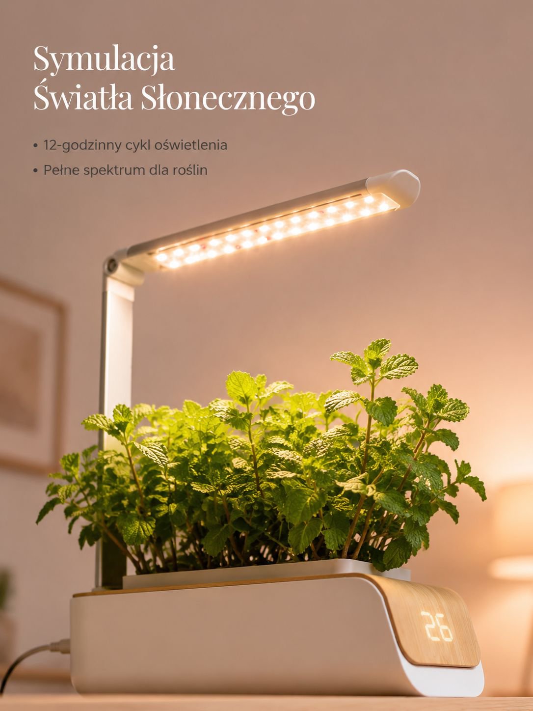 Zbliżenie na lampę LED nad roślinami w domu