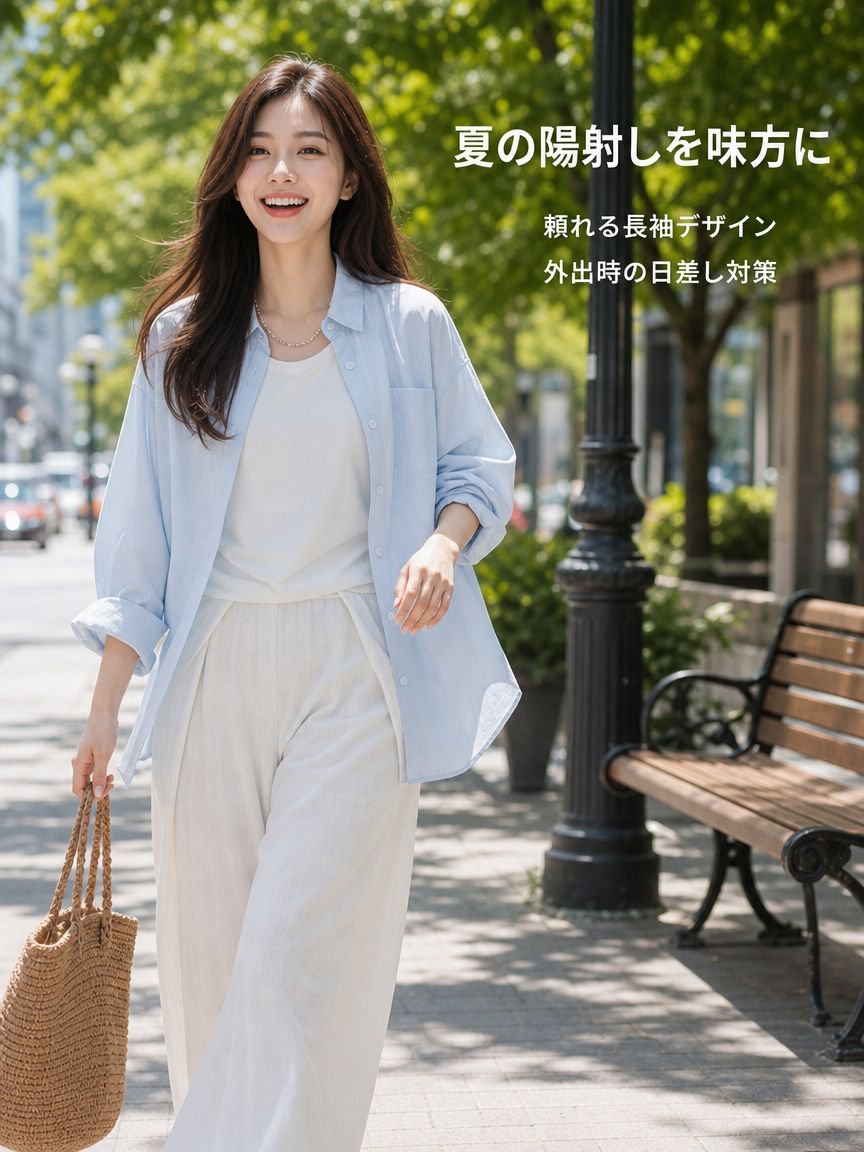 レディース薄手テンセルコットンシャツ、サマースタイル、小さめの襟、ややゆったりとしたデザイン、長袖、カジュアルアウター、日焼け防止シャツ、ホワイト