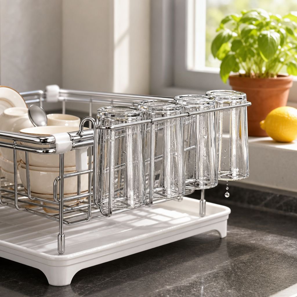 Side view of stainless steel dish storage rack over sink