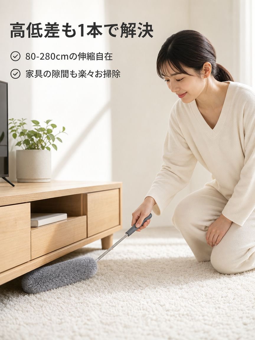 伸縮式マイクロファイバーハンディモップで棚の上を掃除する様子