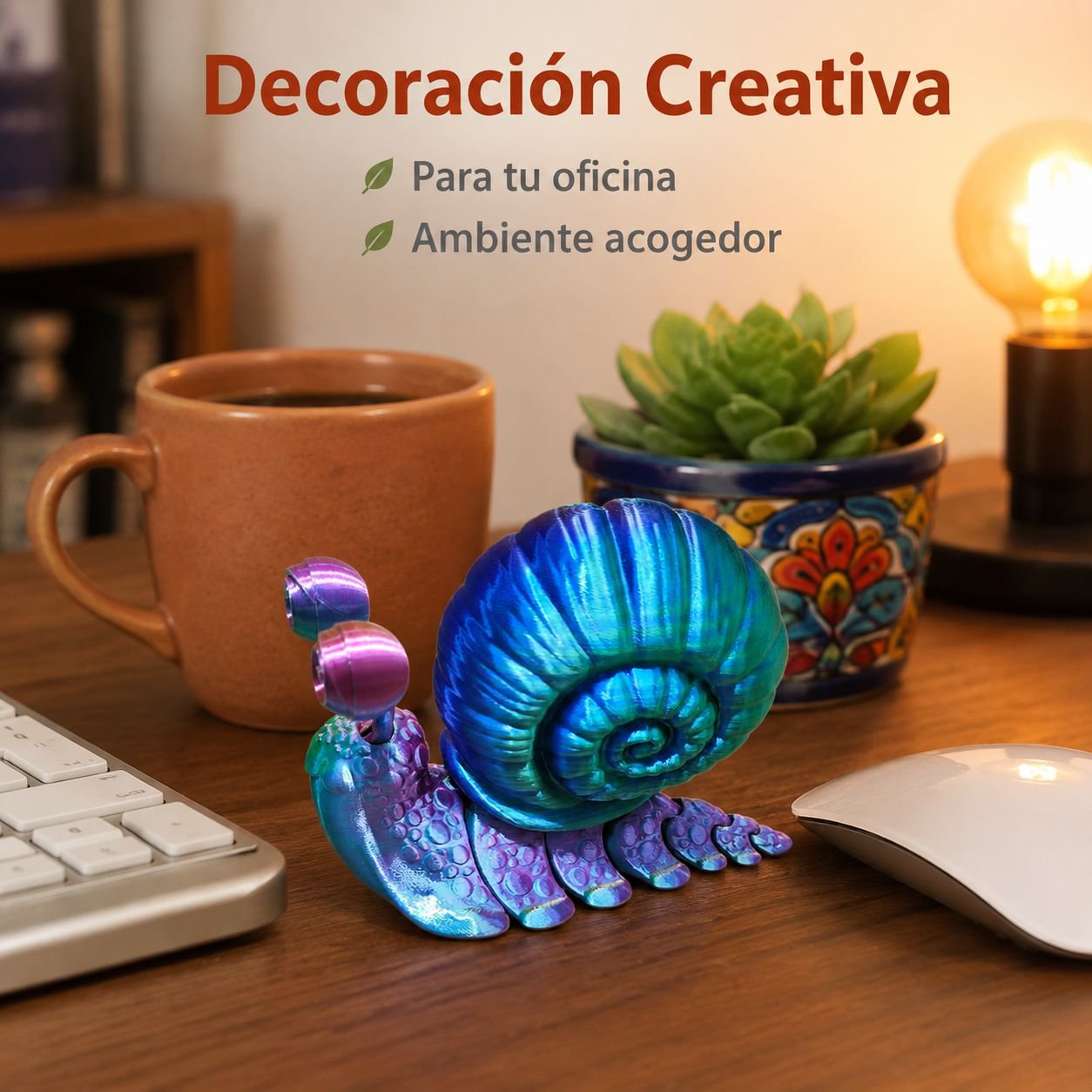 Figura de caracol articulado impresa en 3D para escritorio