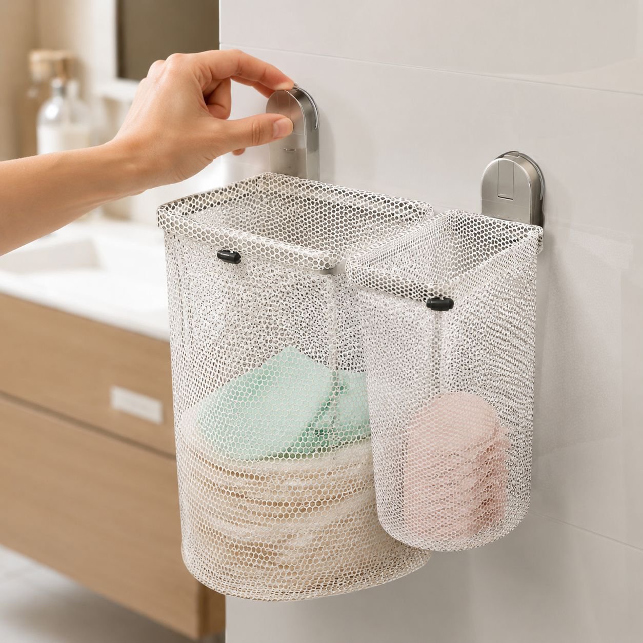 No-drill installation laundry basket on bathroom wall