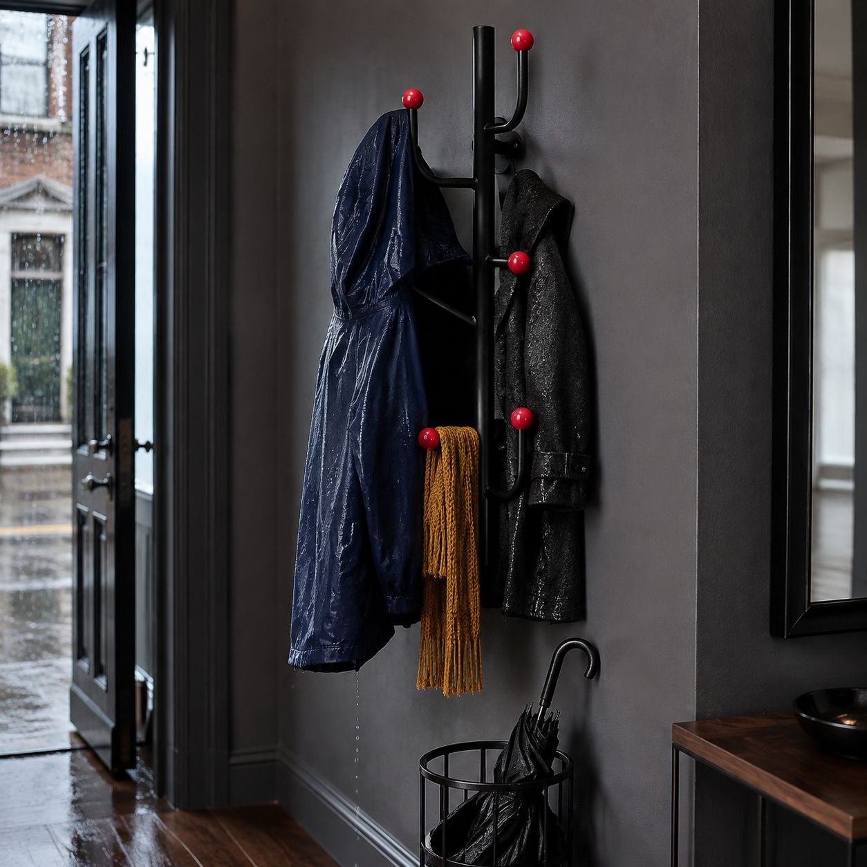 Space-saving wall coat rack in entryway
