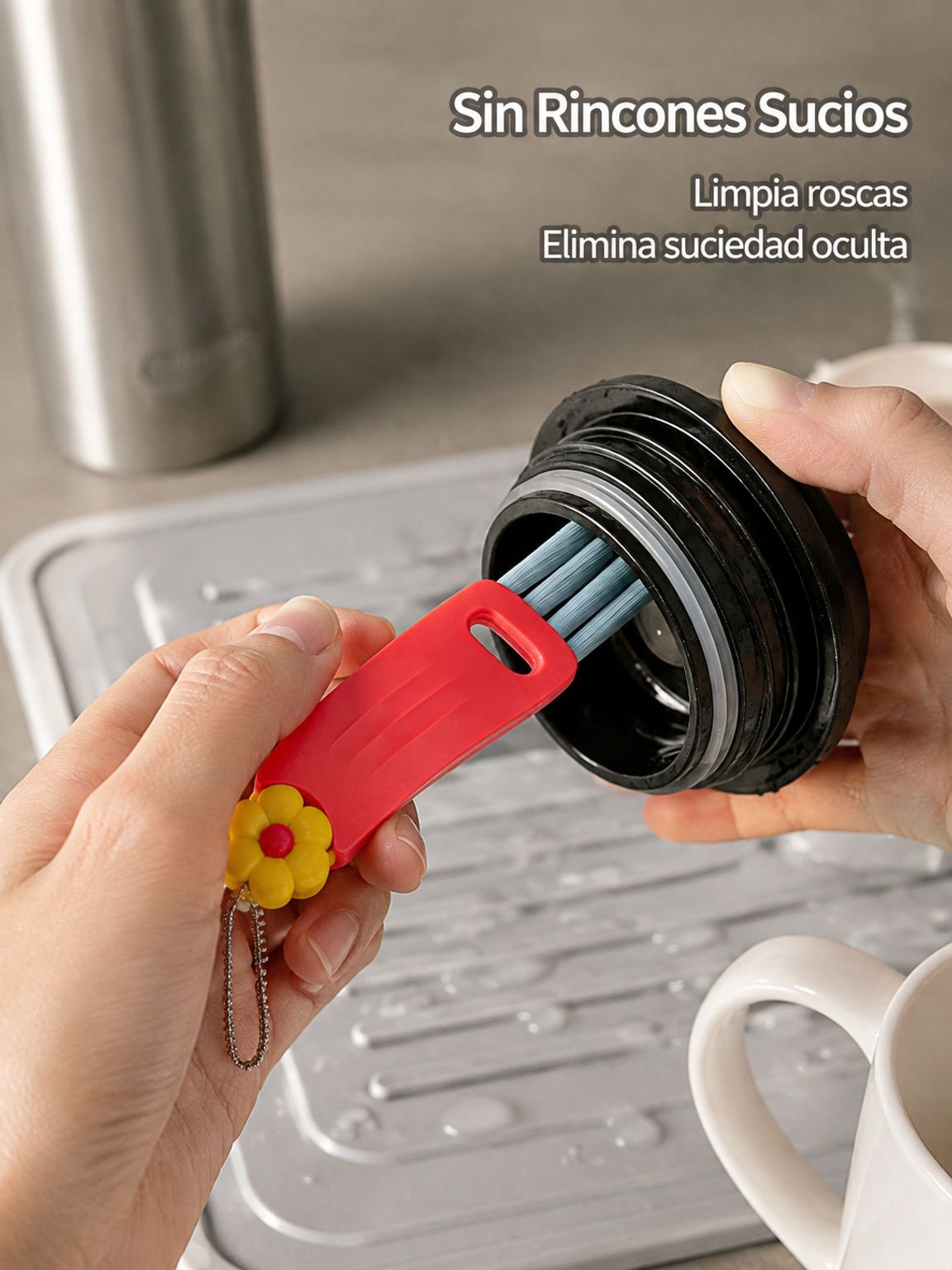Cepillo limpiador multifuncional en forma de pétalo para tapas de vasos, ranuras y biberones