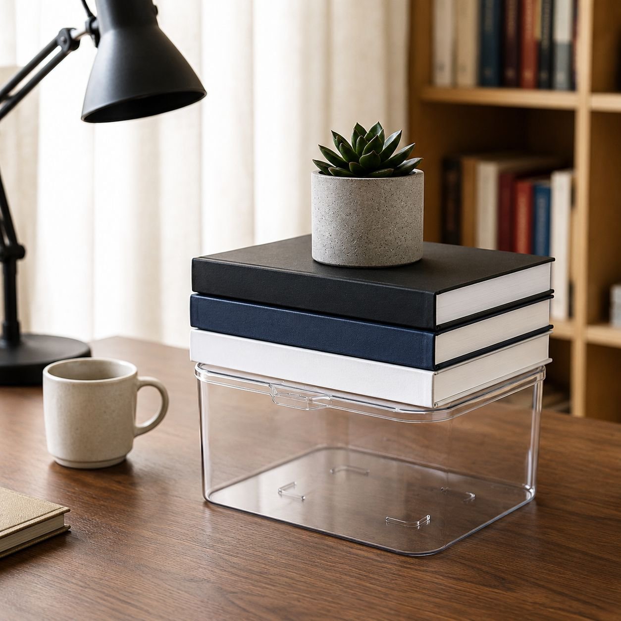 Transparent organizer box with flip lid open