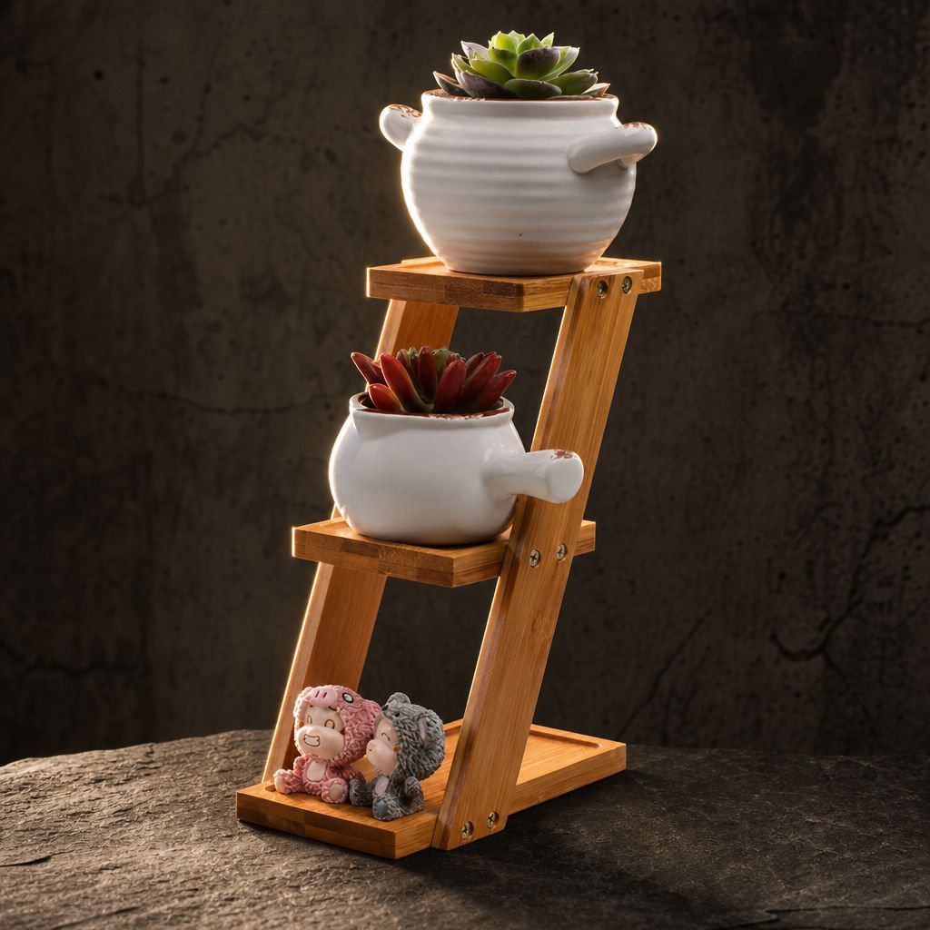Bamboo desktop plant holder with green plant