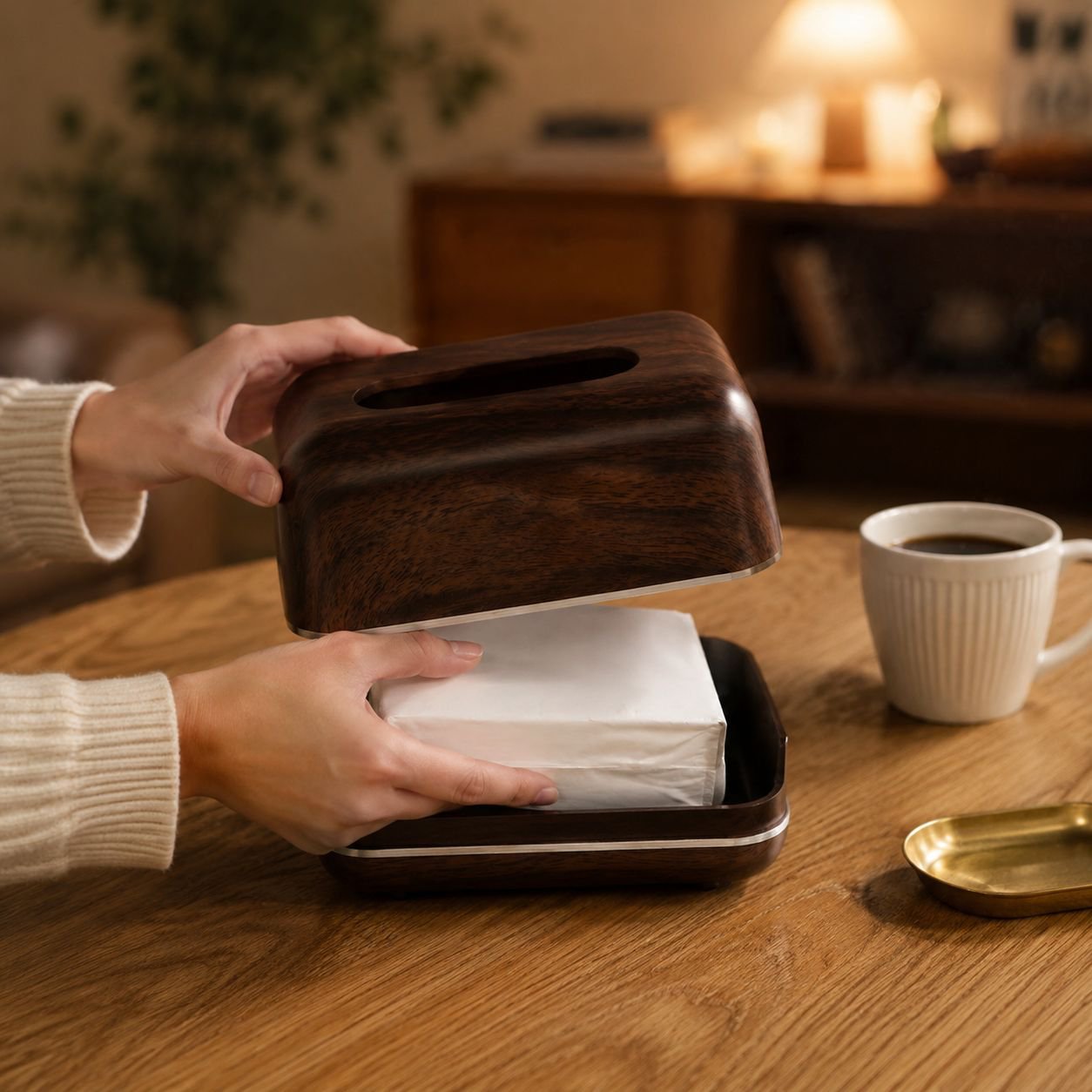 Elegant tissue storage box in bedroom decor setting