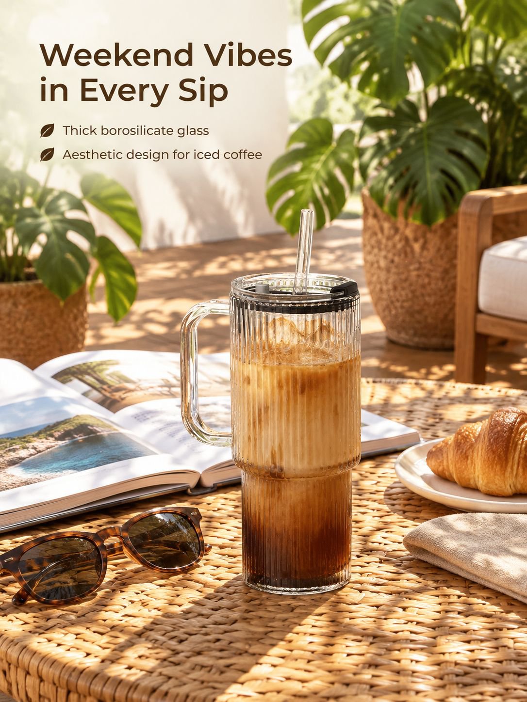 Portable large glass cup with straw and handle for everyday drinks