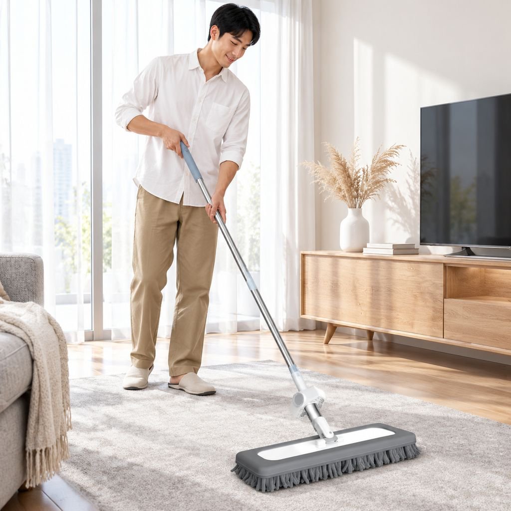 水拭き・乾拭き両用のフラットモップ使用例