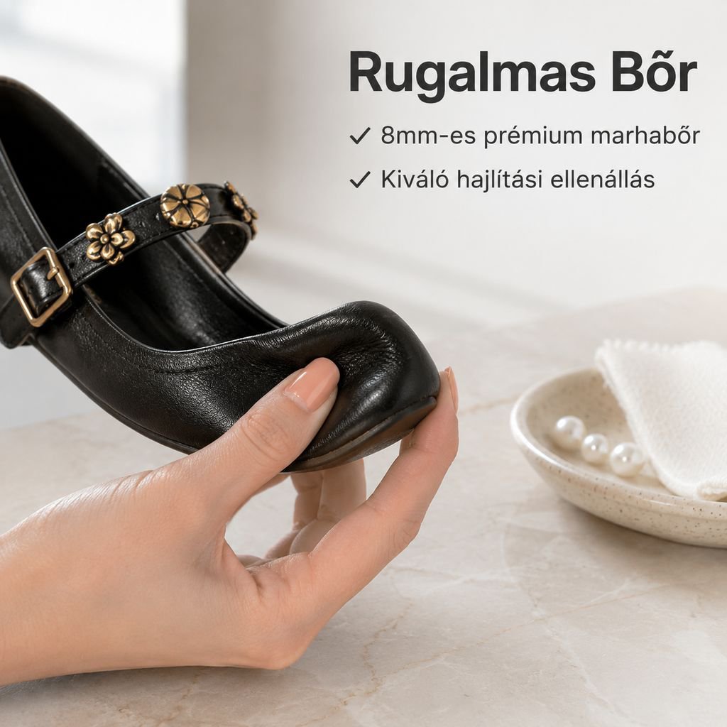 Új, puha talpú, marhabőr Mary Jane női cipő fekete, virágos csattal, szoknyához