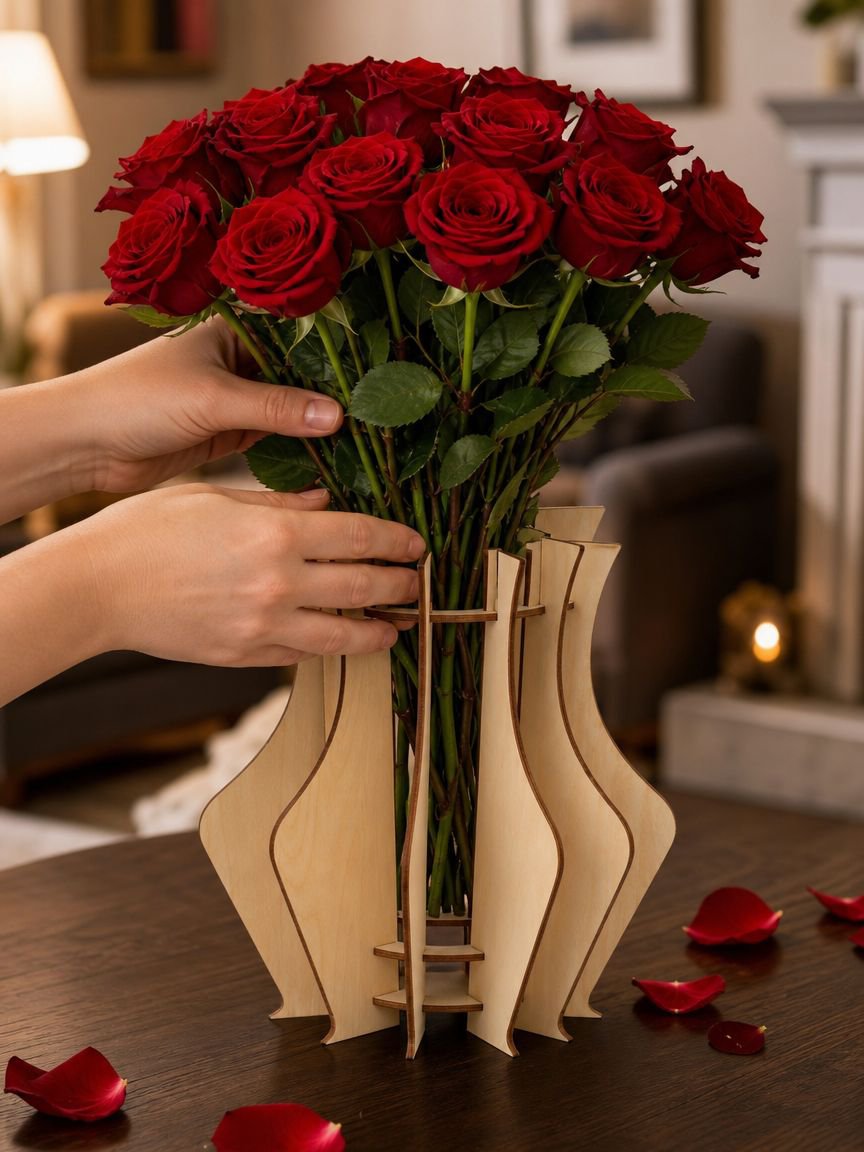 Close-up of wooden puzzle vase holder with flowers