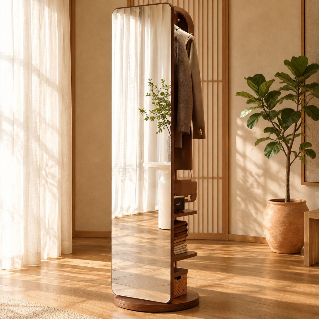 無垢材の回転式全身鏡 フロアミラー 家庭用・寝室用 ハンガー付きフィッティングミラー