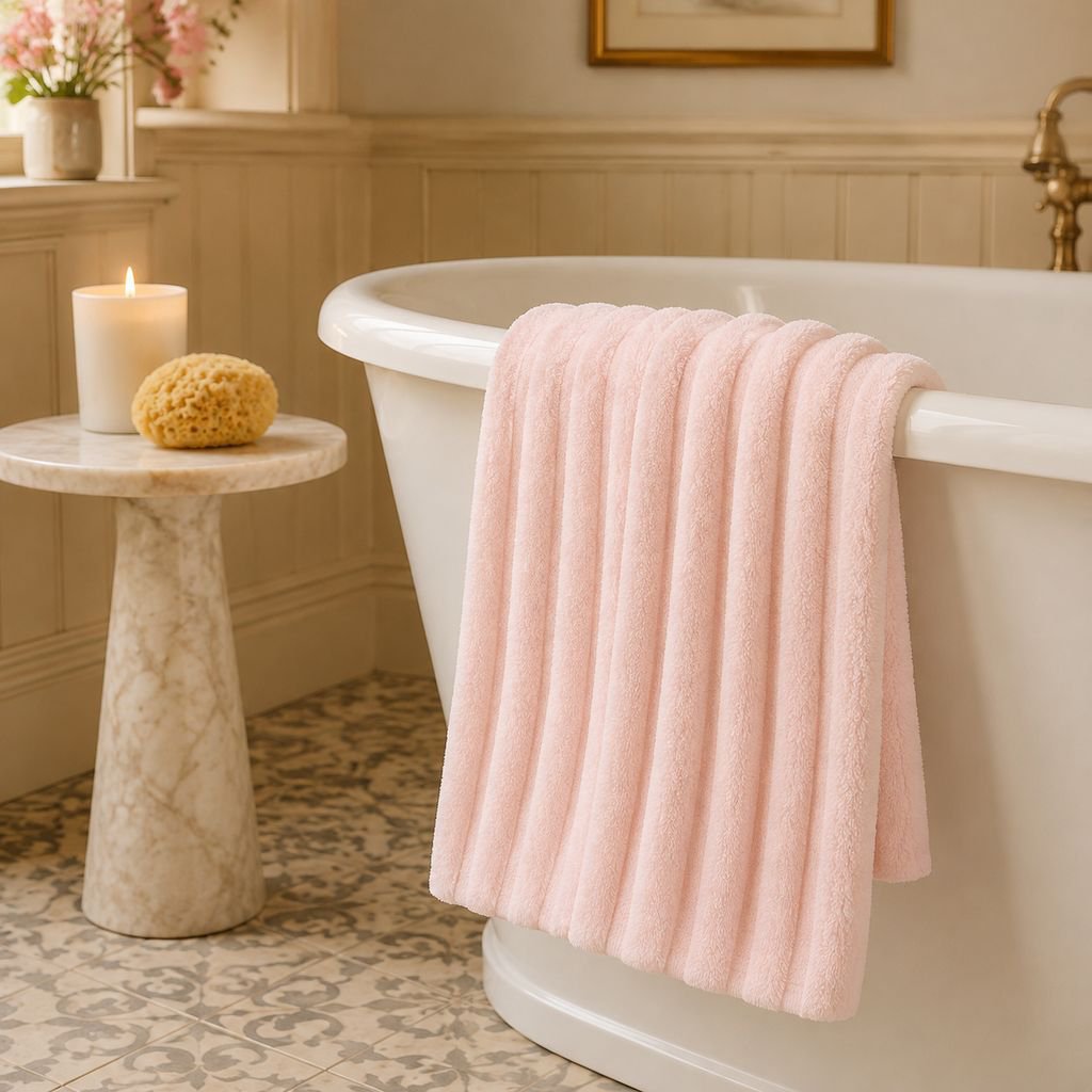 Coral fleece towel folded on bathroom shelf