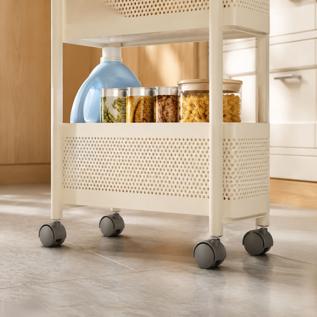Refrigerator organizer shelf with jars and bottles