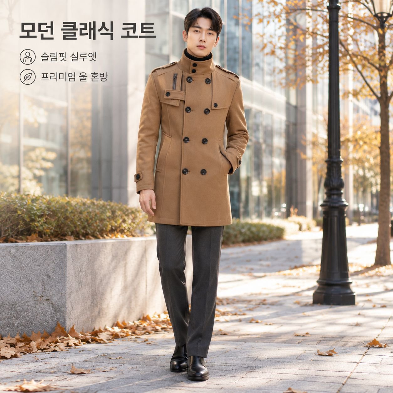 남성 클래식 슬림핏 미디 롱 모직 코트 트렌치 자켓