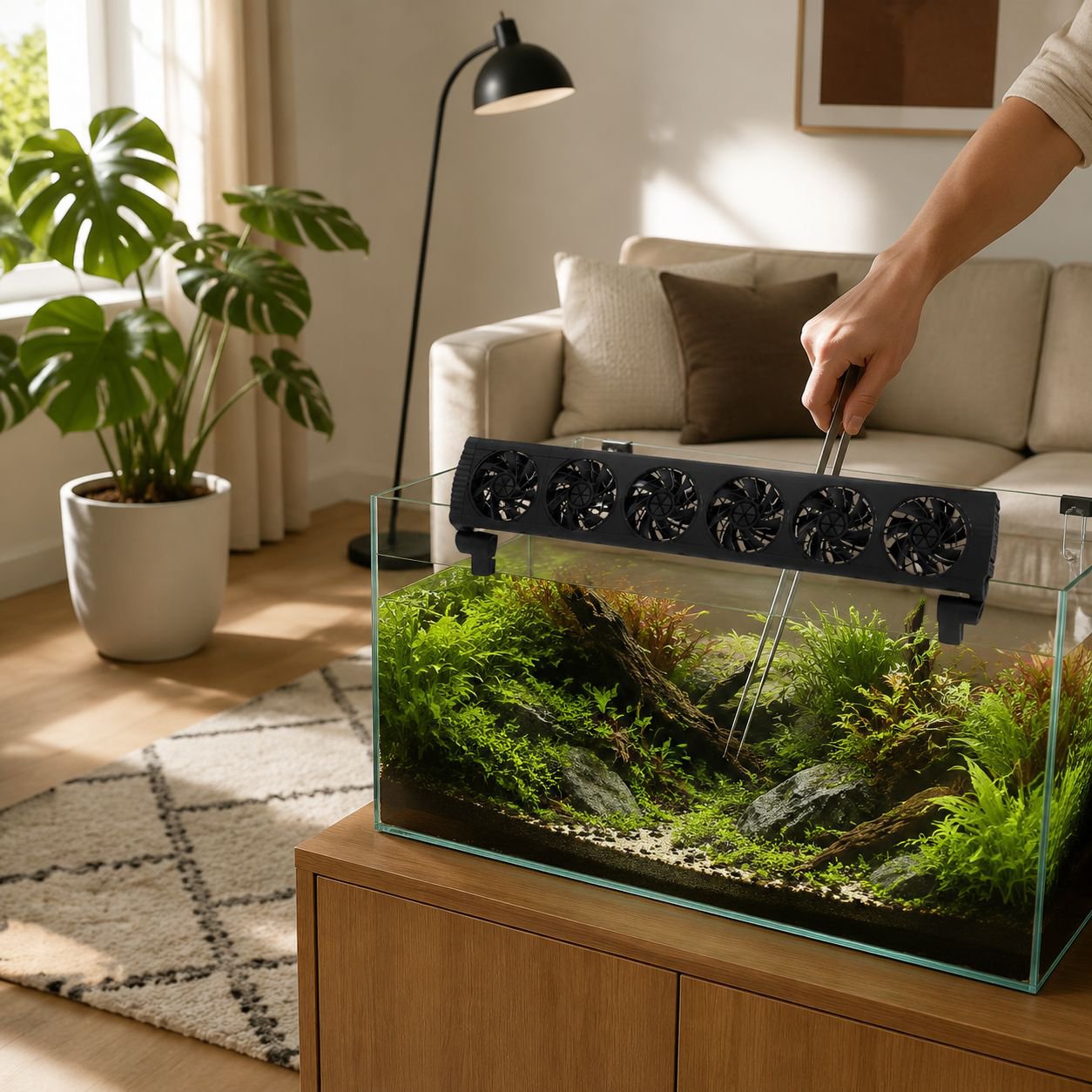Top view of fish tank with mounted cooling fan