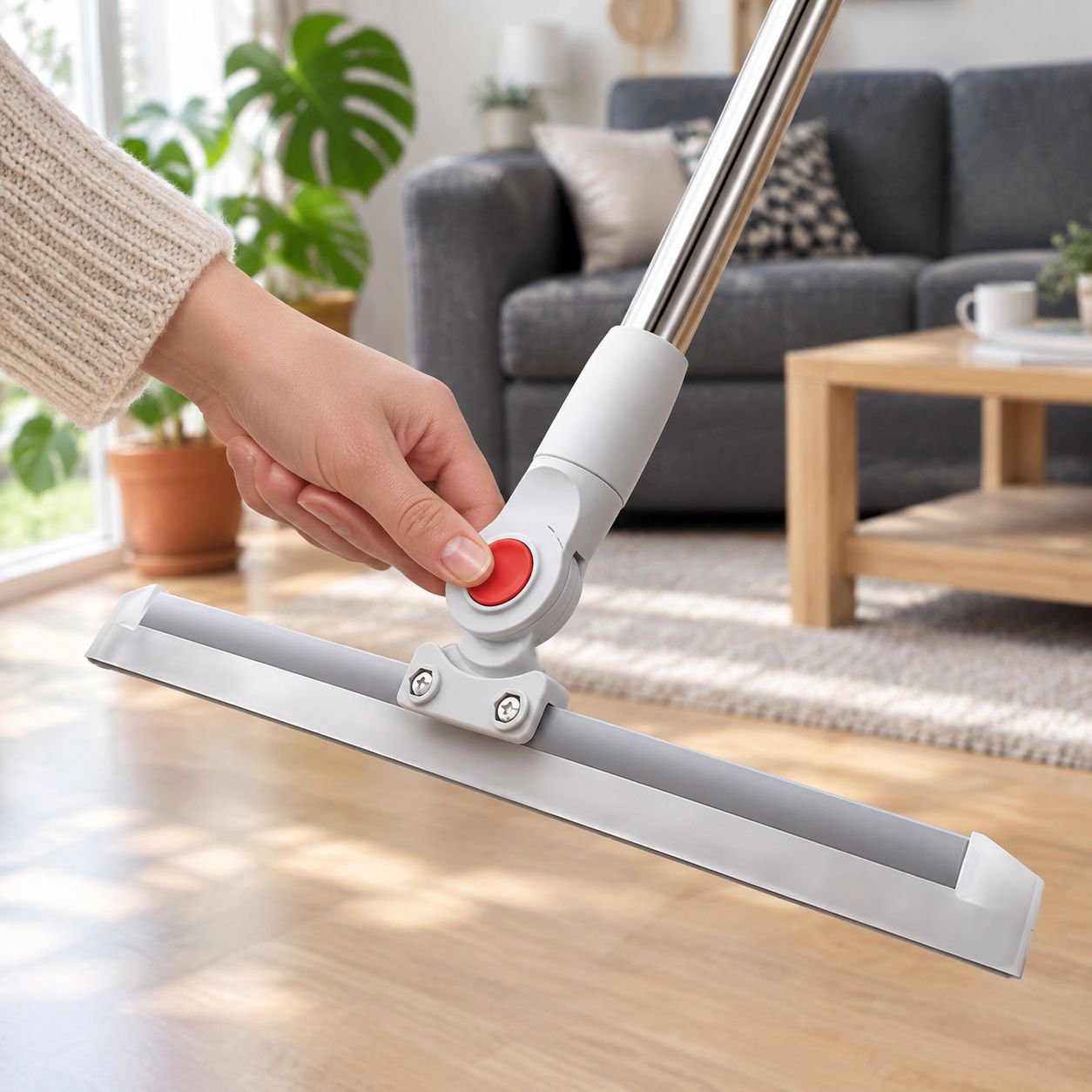 Ergonomic handle on bathroom squeegee tool