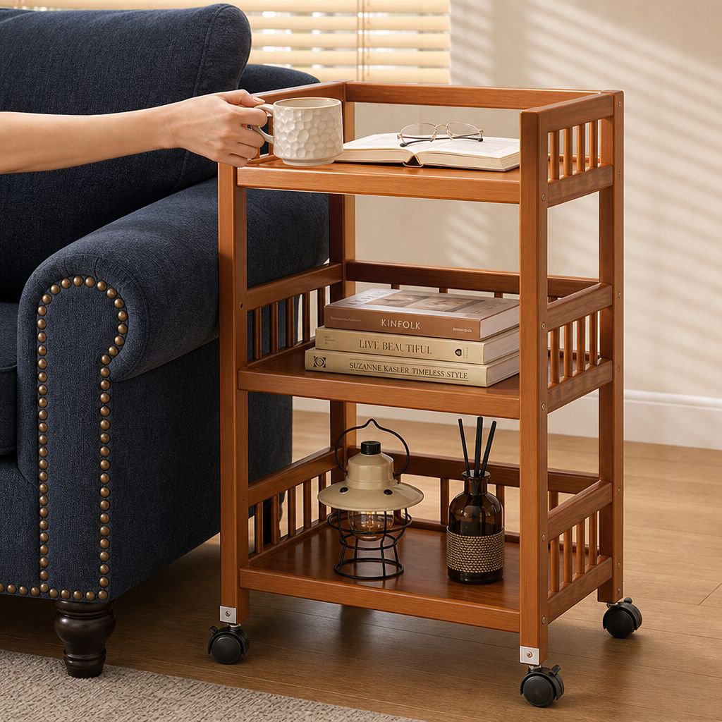 Household movable storage rack trolley living room simple sofa side table snack rack solid wood tea 