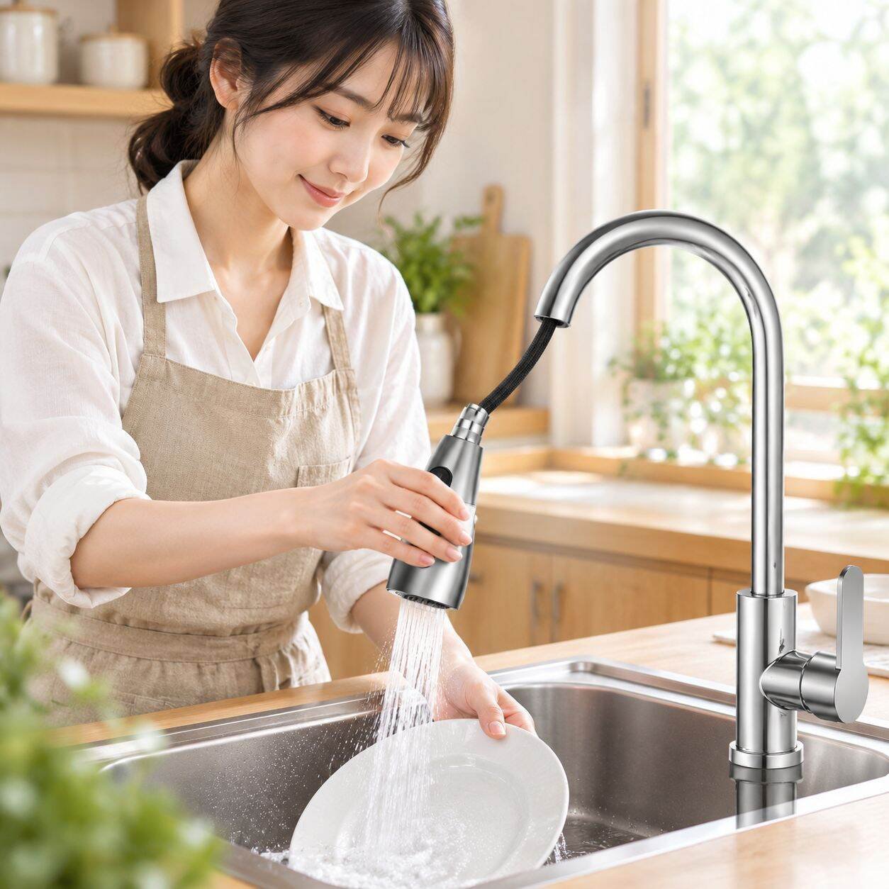 飛沫防止設計、温水・冷水調節機能付き。