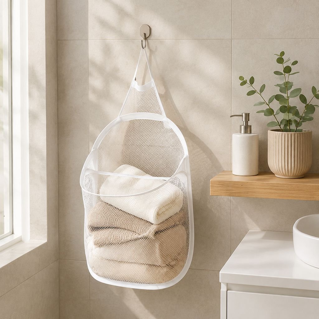 Sac à linge mural pliable, panier en maille adhésif, sans clou