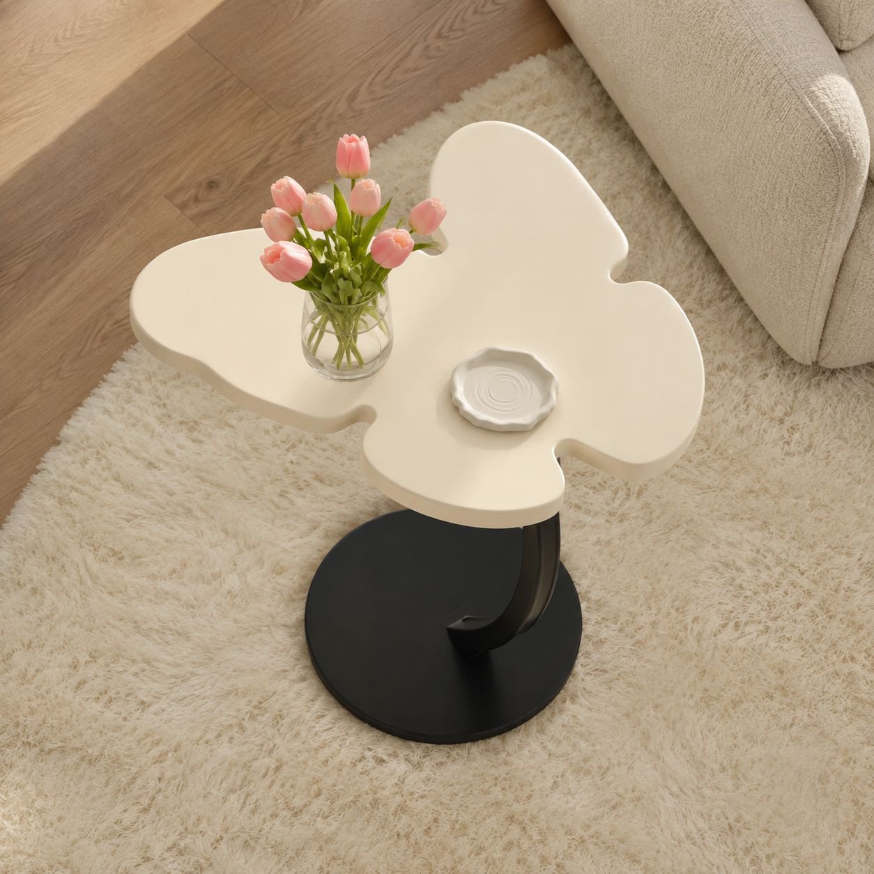 Butterfly shaped wooden end table close-up