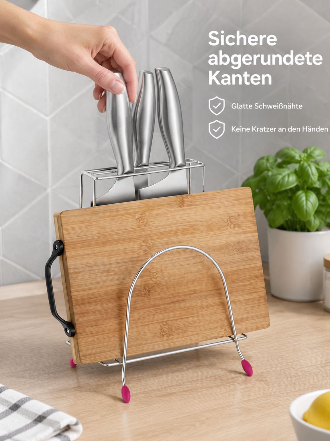 Platzsparender Organizer für Schneidebretter und Küchenmesser