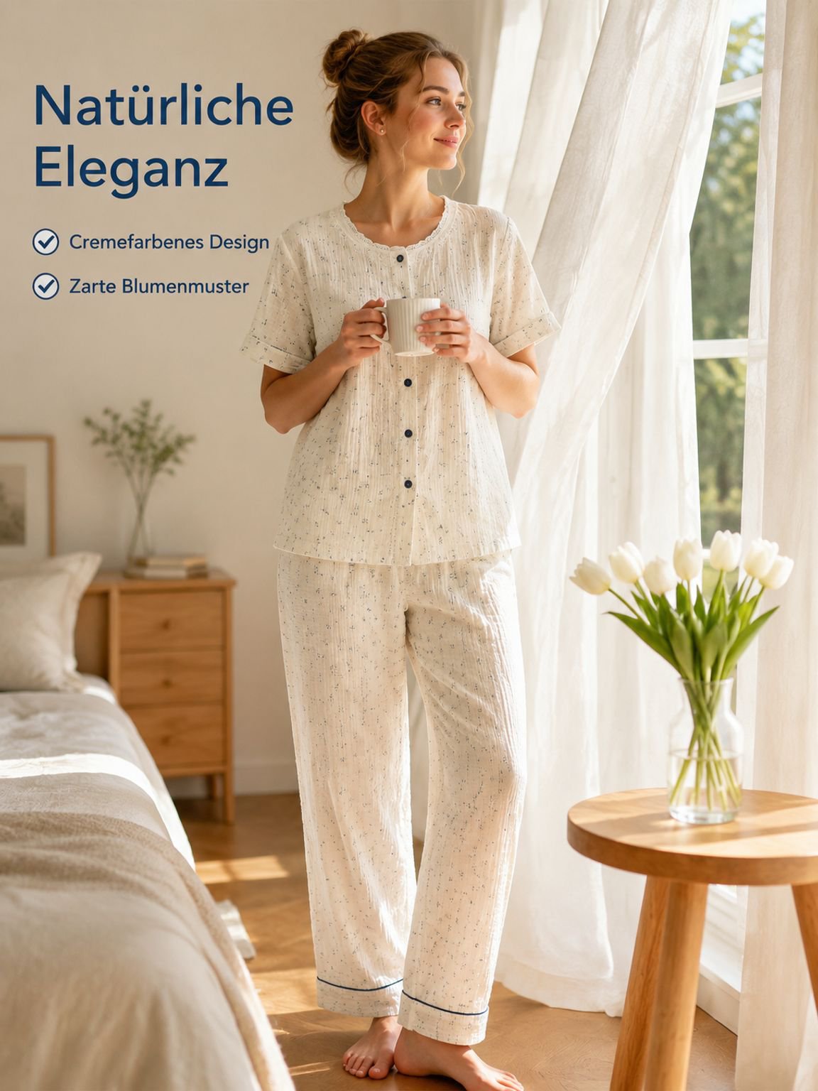 Süßes Damen-Langarm-Pyjama-Set mit Blumenmuster