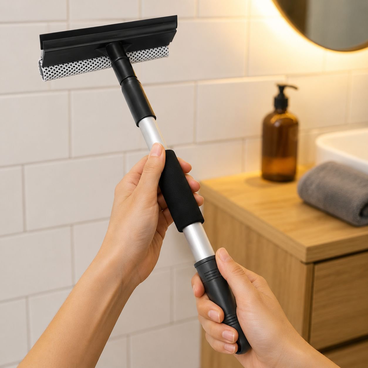 Close-up of squeegee cleaning window