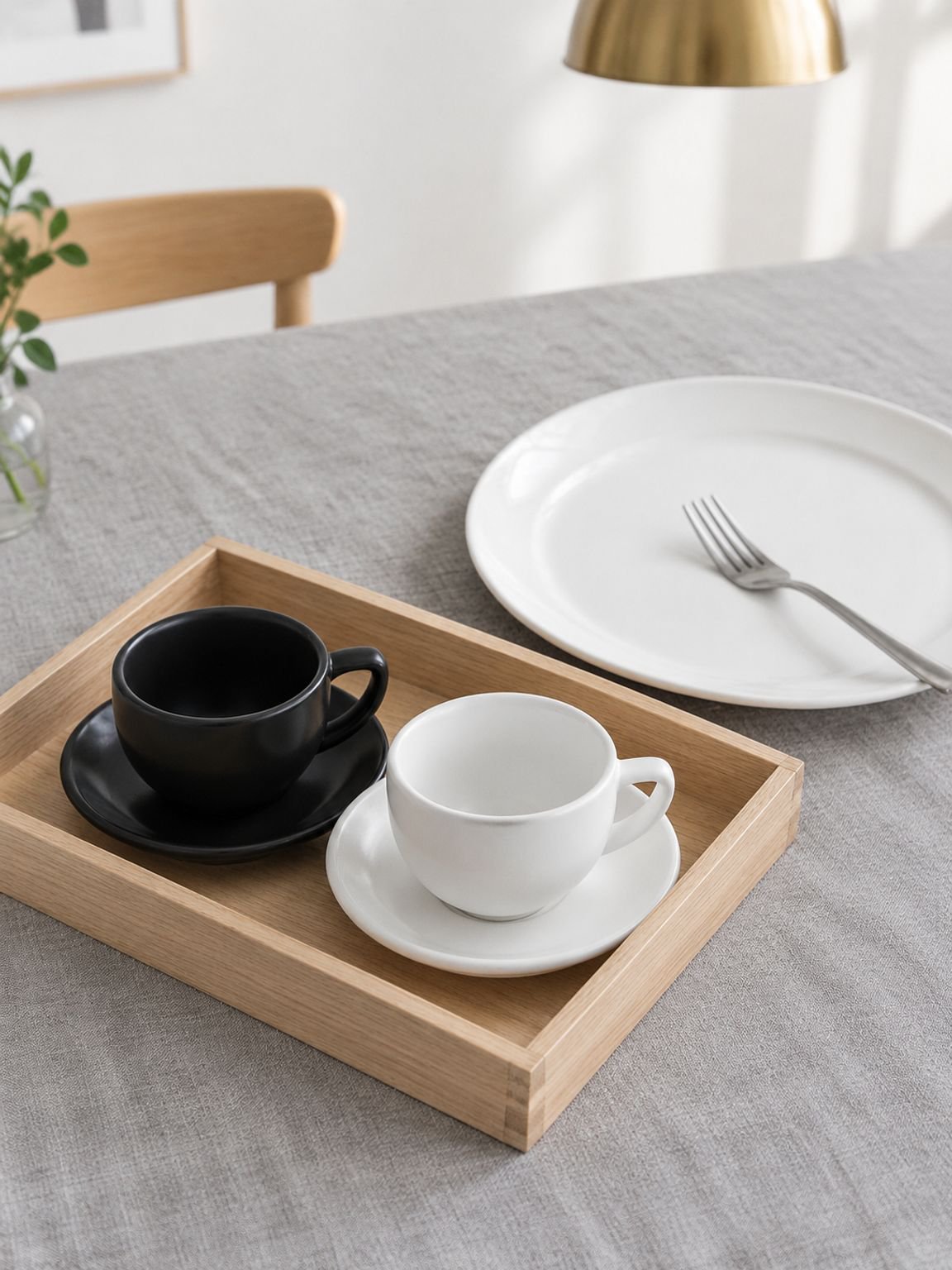 Durable and lightweight ceramic coffee mug on a wooden tray