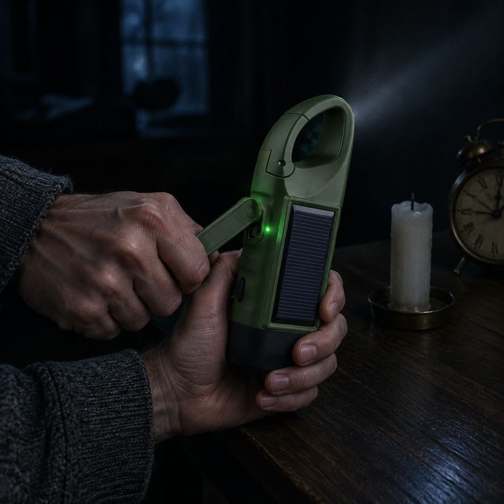 All-in-One Outdoor Emergency Flashlight, Solar Rechargeable Hand Crank Light