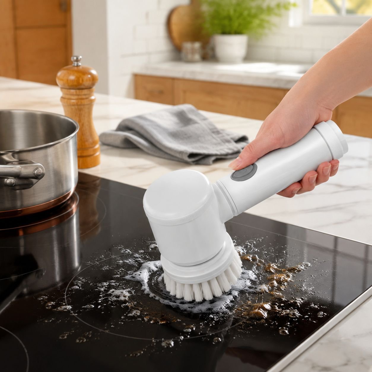 Electric scrubber cleaning a bathroom sink