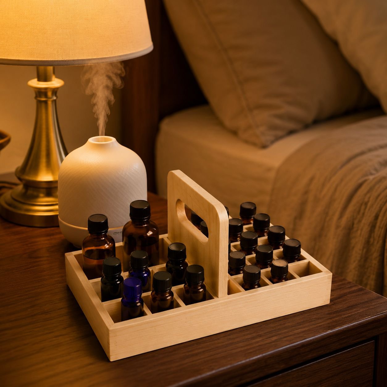 Solid wood essential oil storage box with dōTERRA bottles