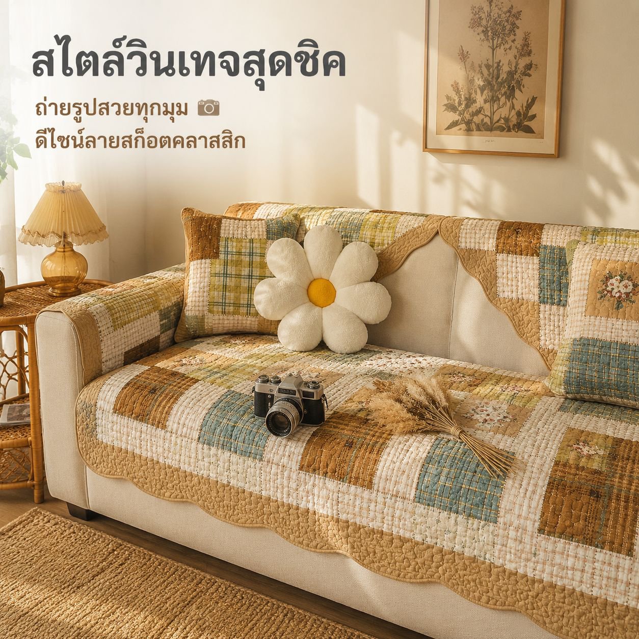 ผ้ารองโซฟาผ้าฝ้ายลายชนบท ใช้ได้ทุกฤดู
