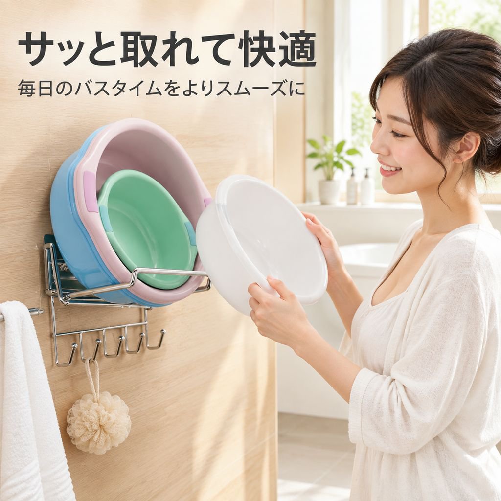 ステンレス製折りたたみ洗面器ラック 穴あけ不要 壁掛け式浴室収納ラック