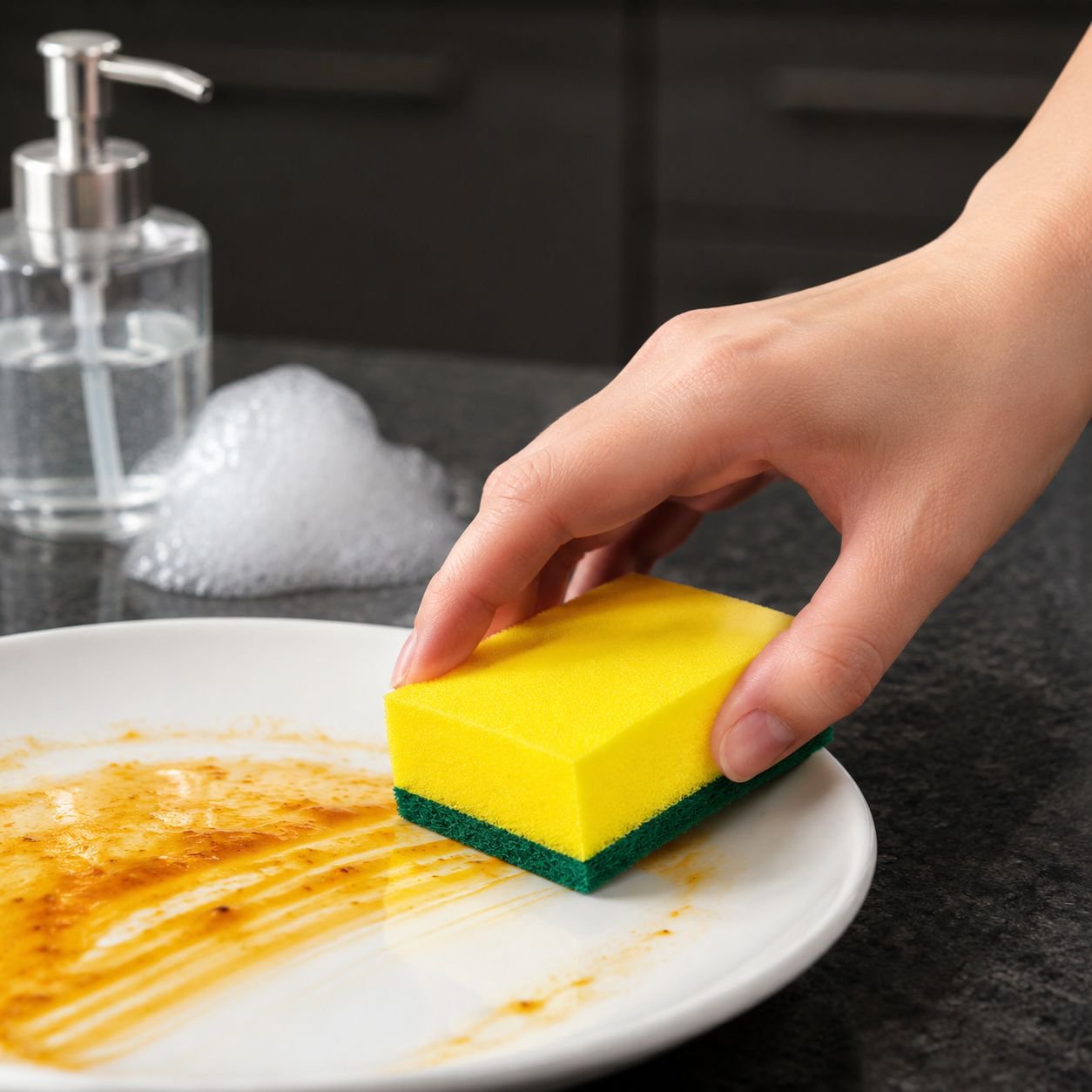 Hand holding powerful decontamination sponge cleaning a glass