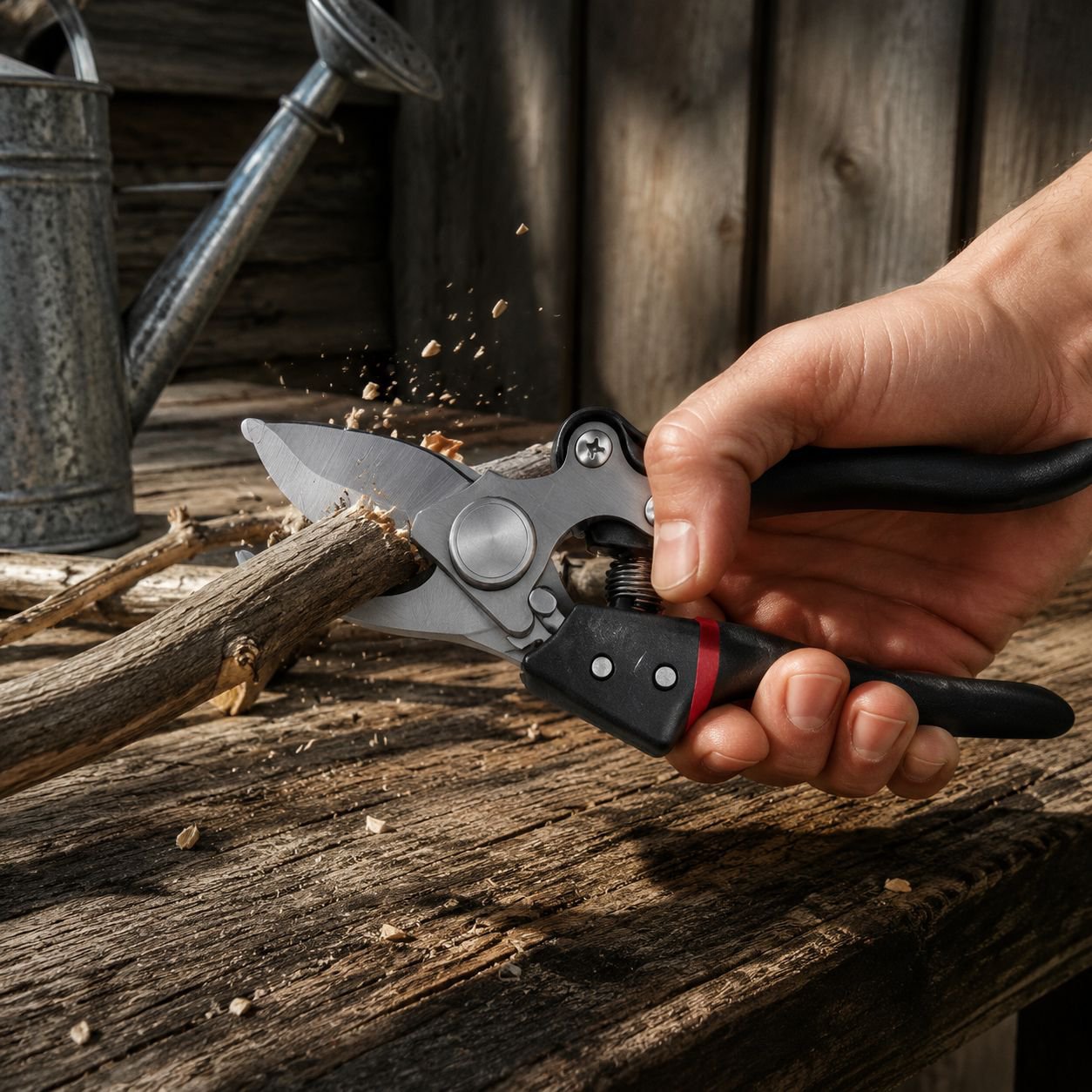 Close-up of sharp SK5 steel blade on pruning shears