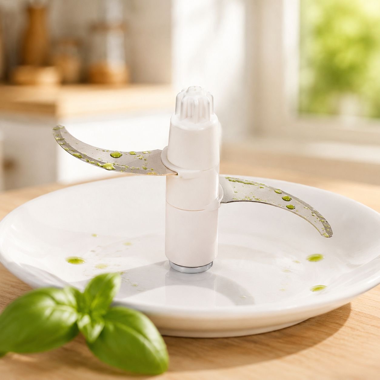 Mini food processor grinding garlic and meat