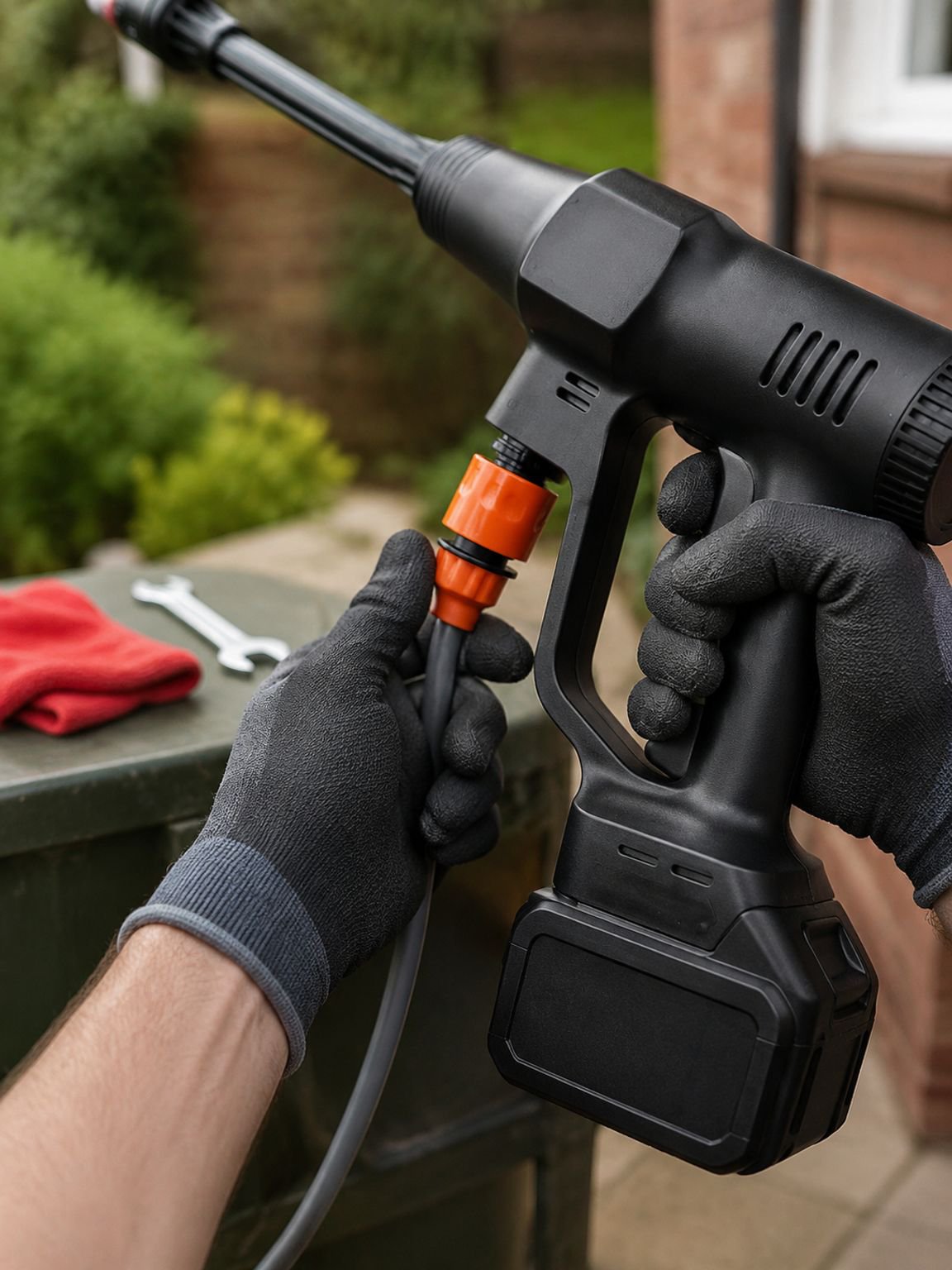 Set of water gun, charger, and protective gloves