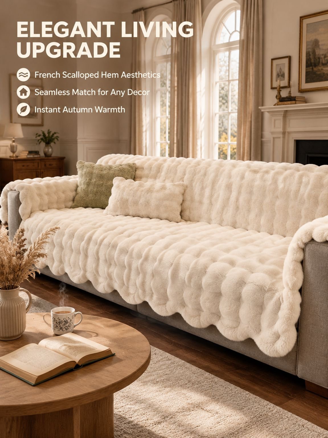 Thick faux rabbit fur sofa cover with soft plush texture