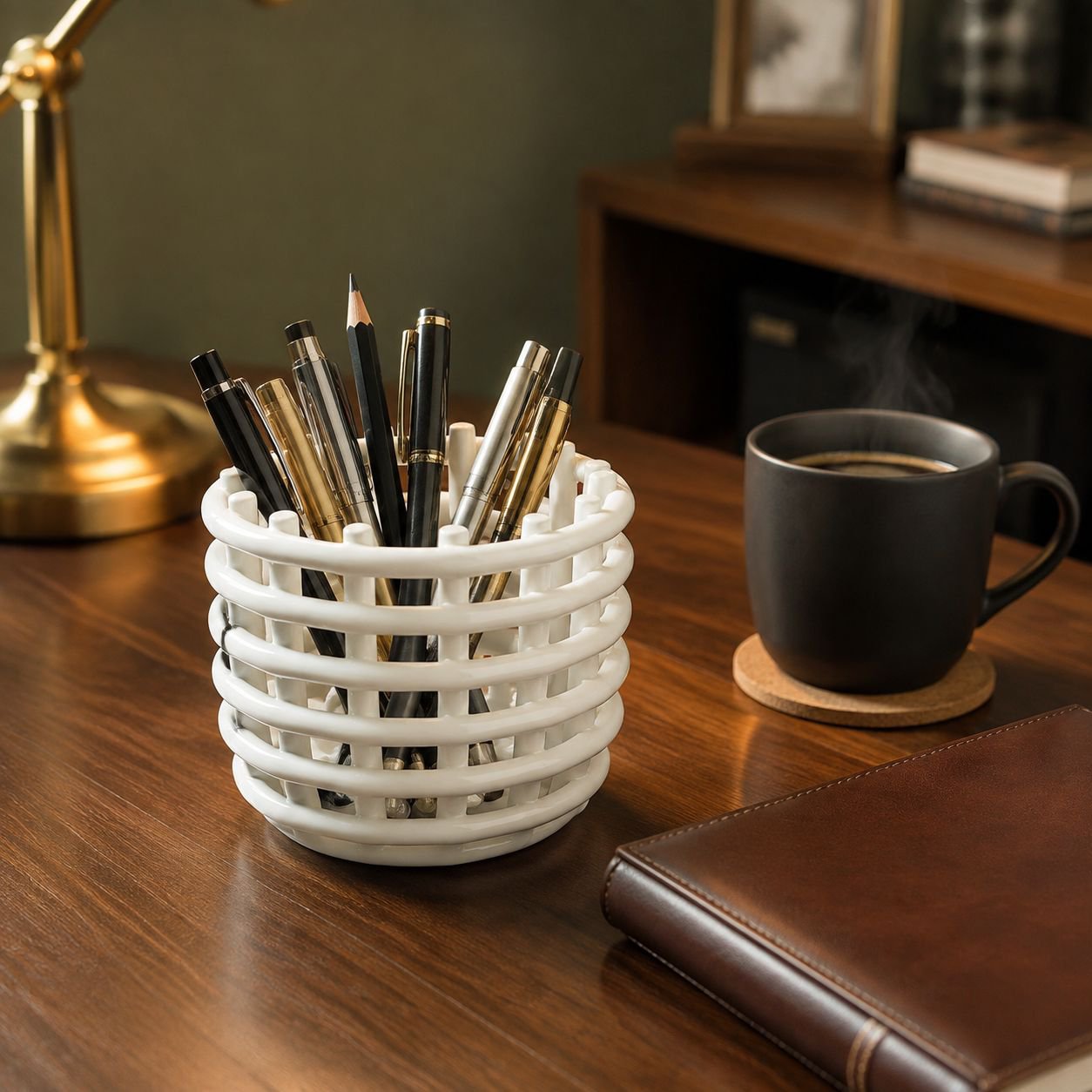 Elegant ceramic storage basket on bathroom countertop