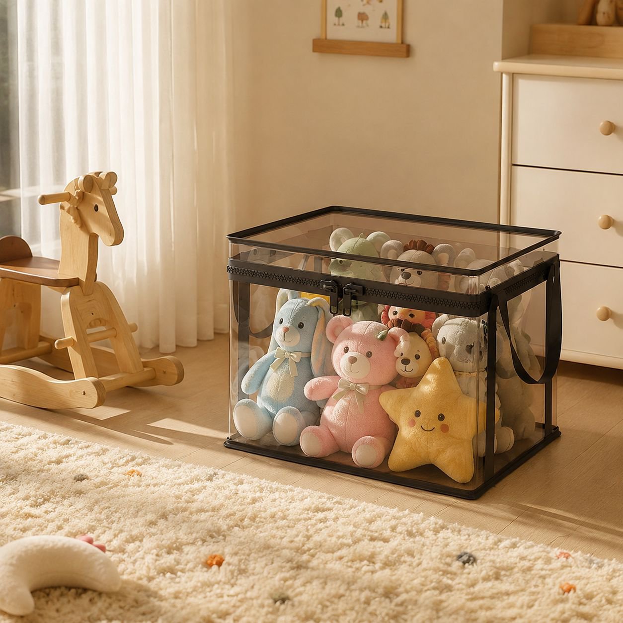 Household transparent toy storage box with lid, plush toy basket, building block and snack organizer