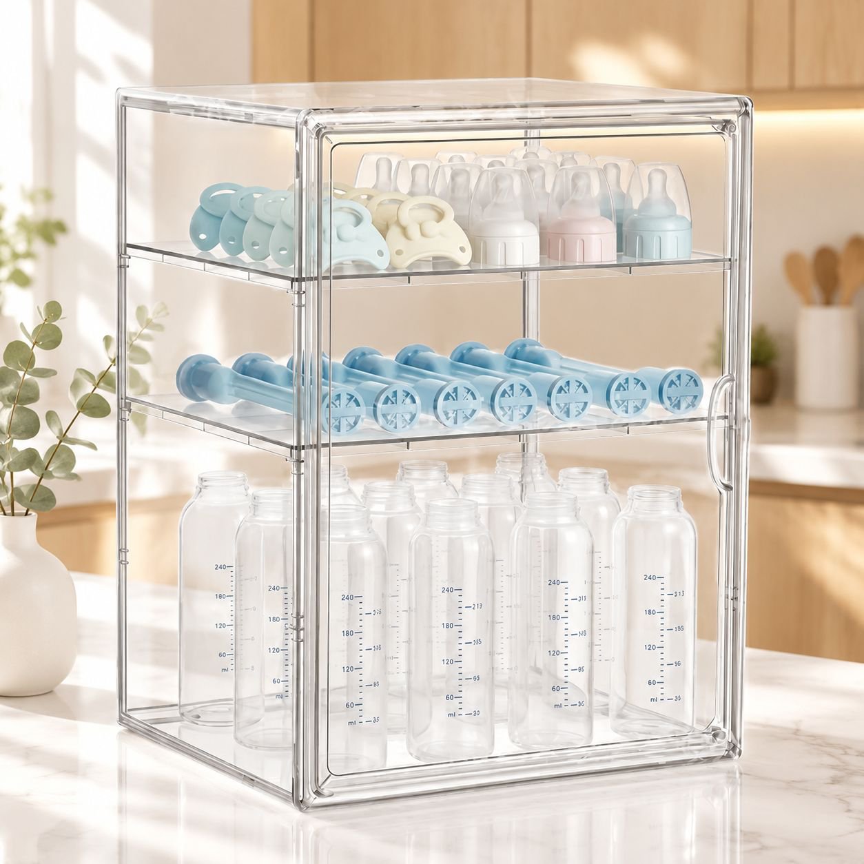 Baby bottle storage cabinet with dustproof transparent design